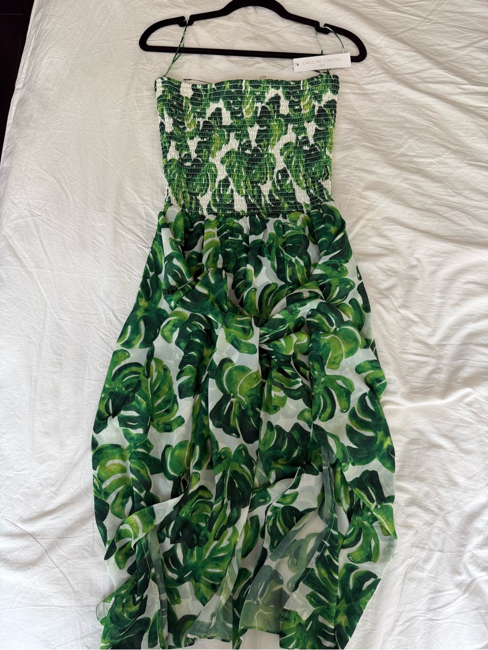 NWT Caroline Constas Nicola Midi Coverup in White Green Palm Leaf